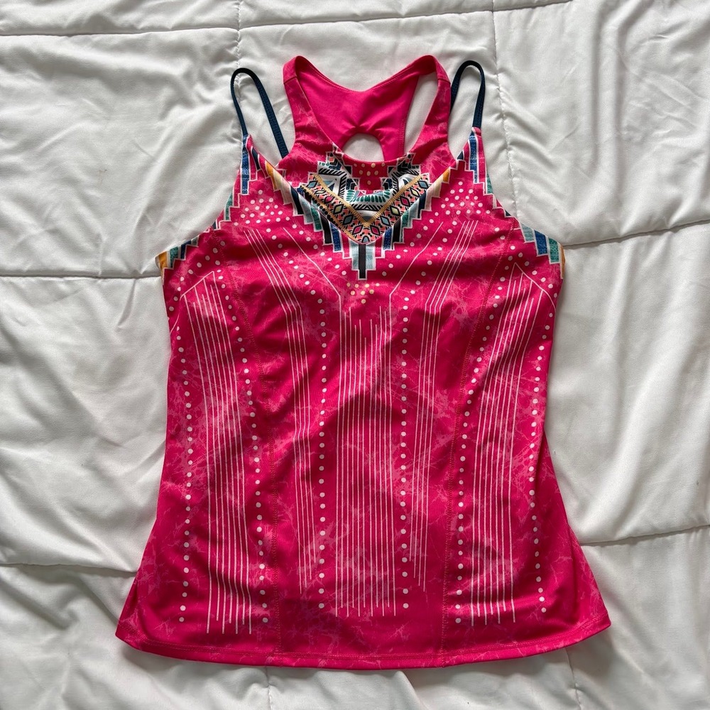 Lucky In Love Pink Geometric Tribal Racerback Tank Top Built-in Bra Large Tennis